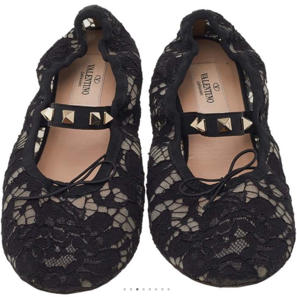 Valentino - Black Lace Rockstud Mary Jane Ballet Flats - EU Size: 39
